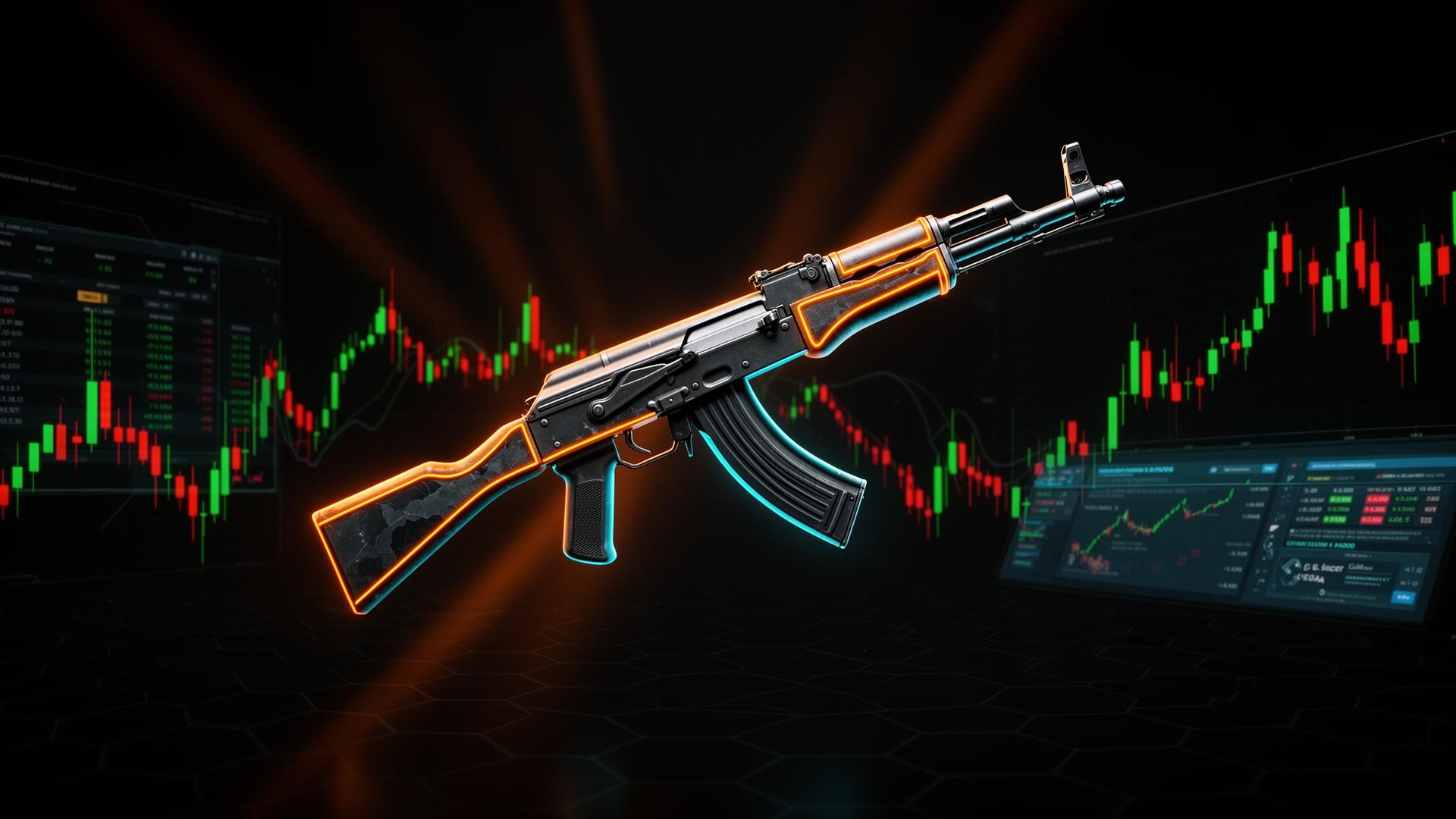 CS2 weapon skin floating against trading chart background
